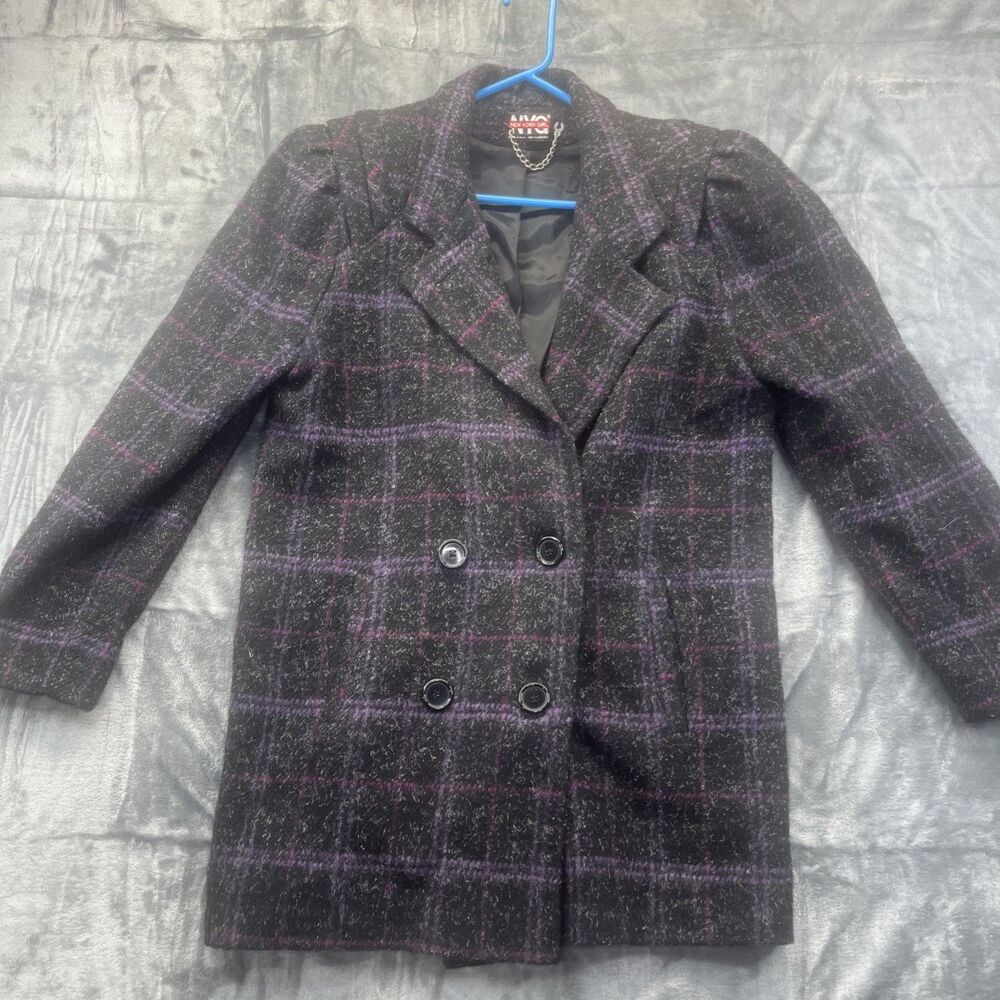 New York Girl Wool Double Breasted Lined Coat Womens 10 Plaid USA Union Vintage